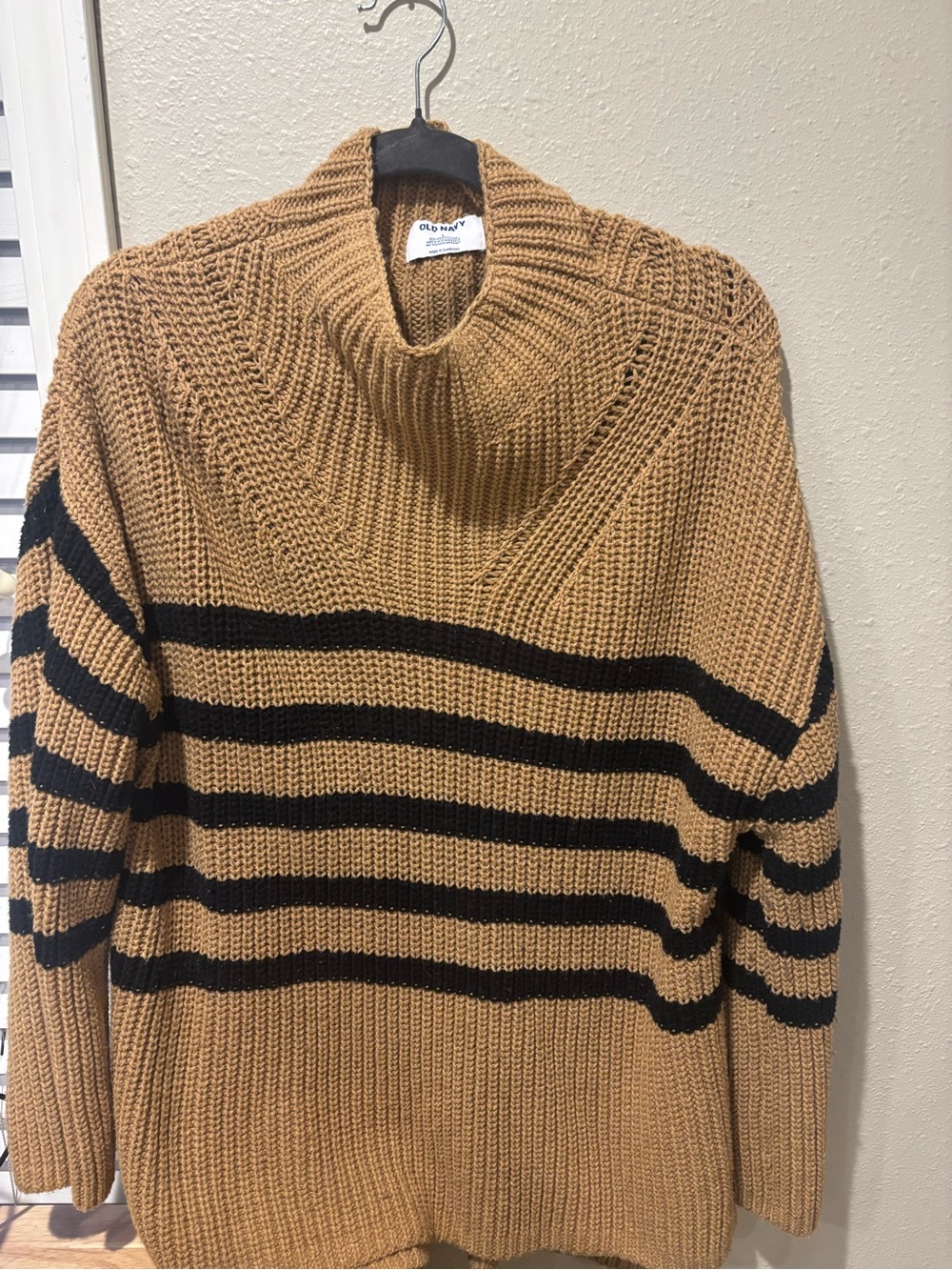 Old Navy Camel and Black Striped Turtleneck Sweater